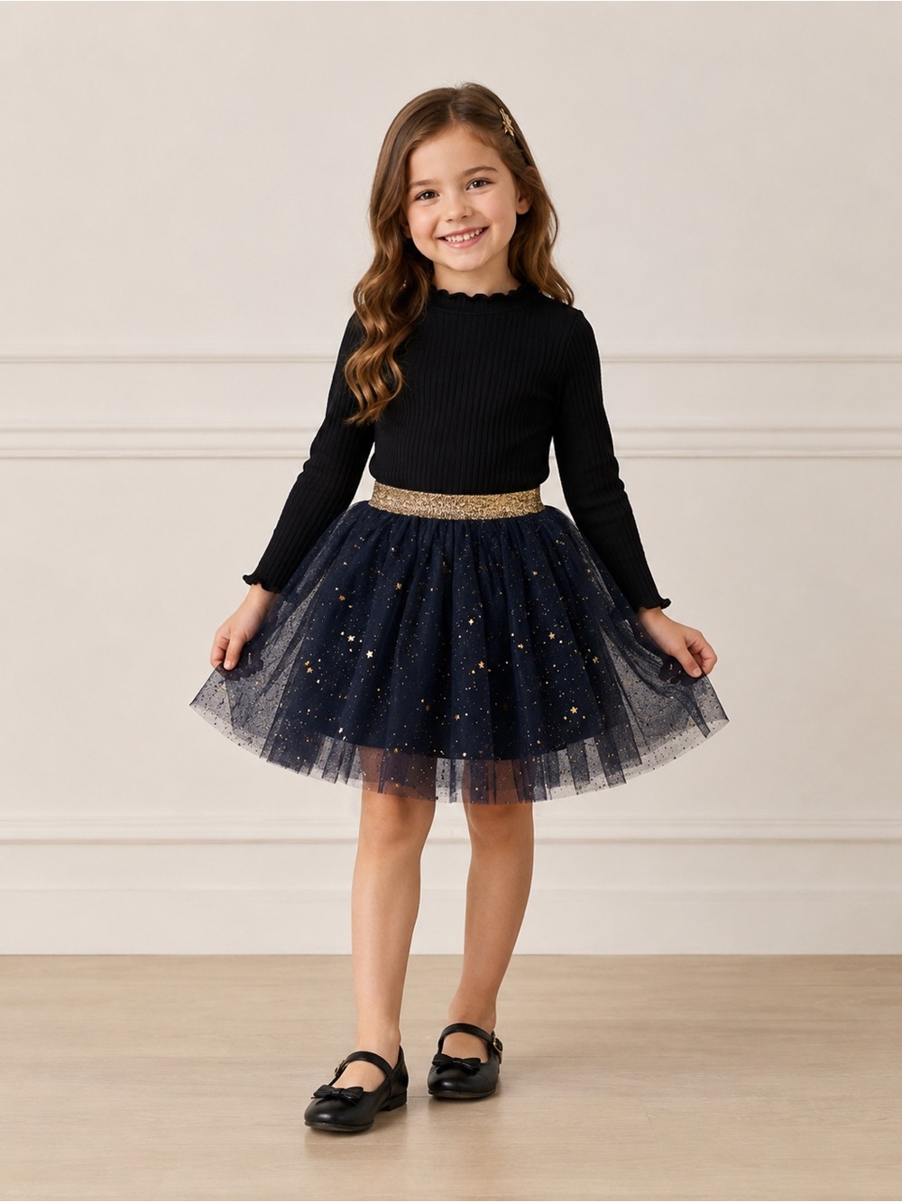 Girls Black Tulle Star Skirt with Gold Waistband